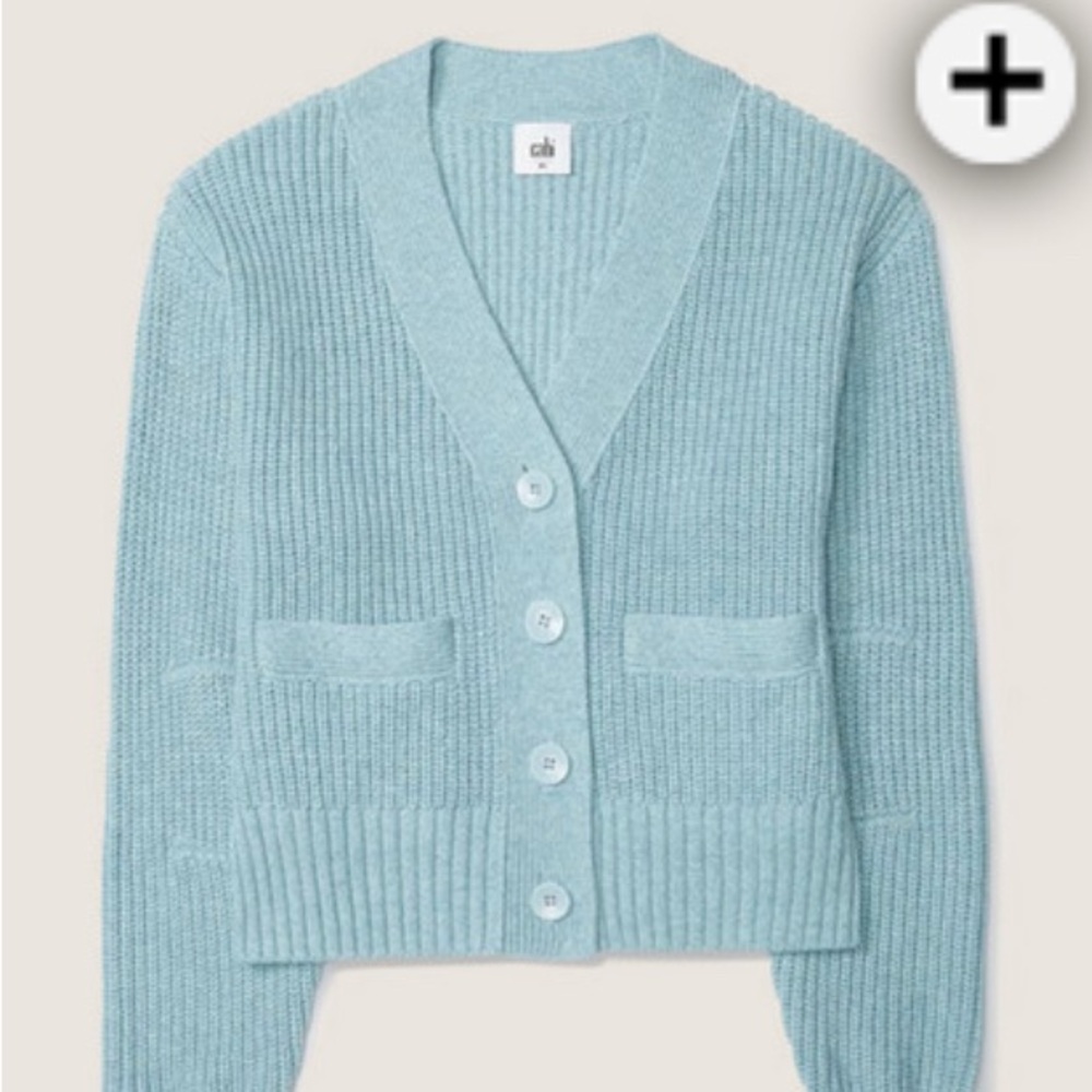 Cabi “Bluenote” blue-green v-neck fisherman knit cardigan